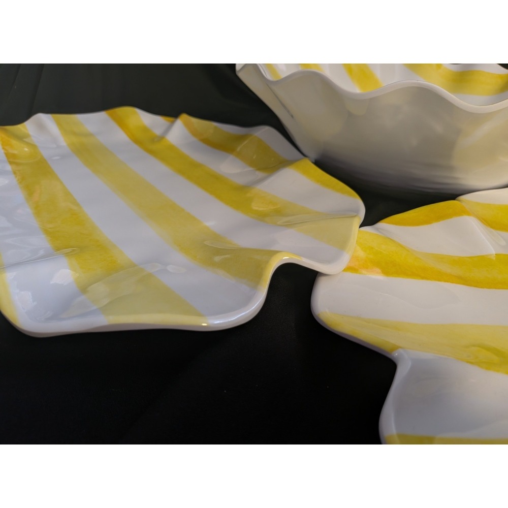 Set Of 2 Platters And 1 bowl, Yellow Striped Dinnerware, "The Spring Shop"